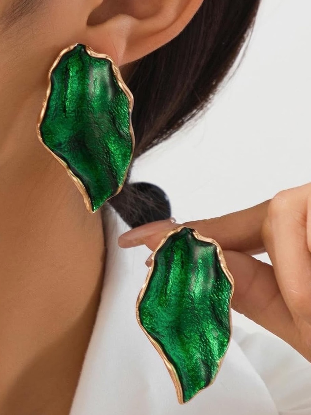 Anthropologie Emerald Green Leaf Earrings with Gold Tone Trim